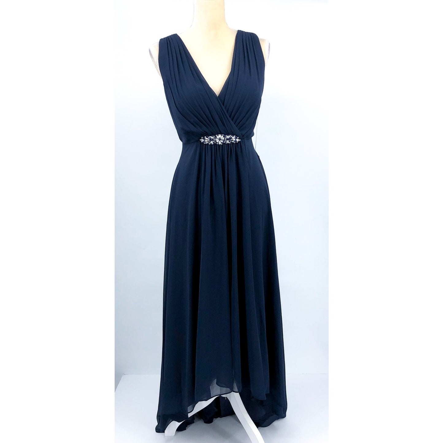 ELIZA J High Low Chiffon Long Dress Size 8 Navy Blue Embellished Sleeveless NWT