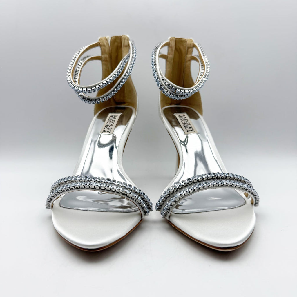 Badgley Mischka Womens Logan Heeled Sandals Size 8.5 Silver Leather Crystal NIB
