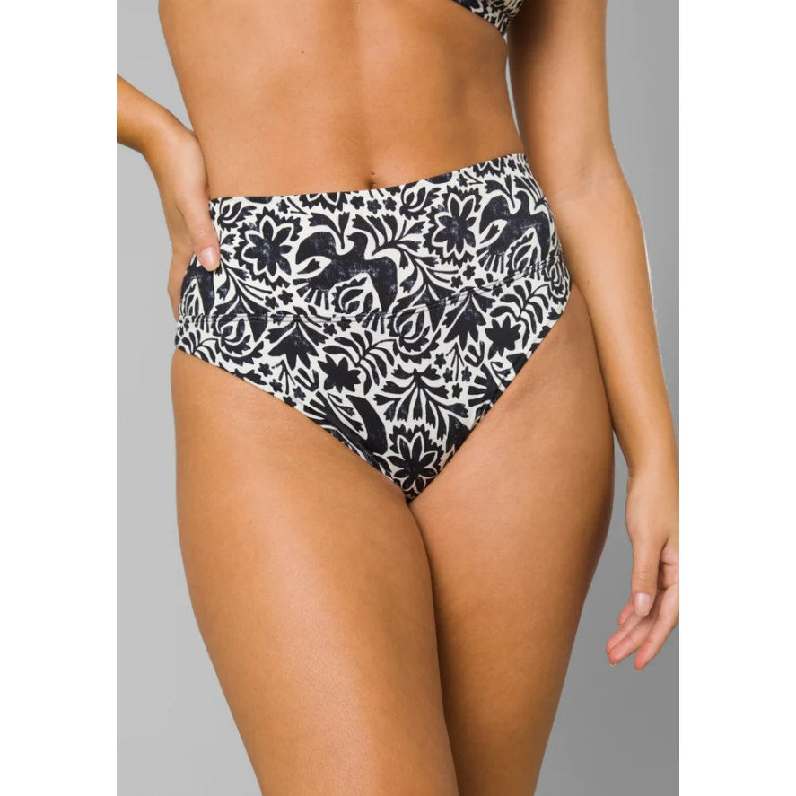PRANA Women's Aurelia Bikini Bottom Large White Black Flora Fauna High Waist NWT