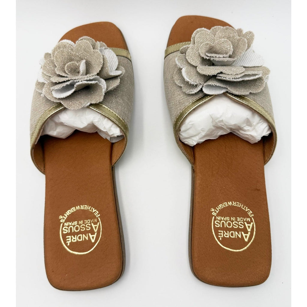 Andre Assous Womens Kiky Flower Slide Sandals Size 7 EU 38 Beige Natural NIB