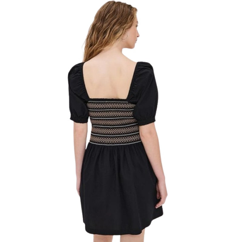 Madewell Womens Poplin Puff-Sleeve Mini Dress Small Black Smocked NU780 NWT