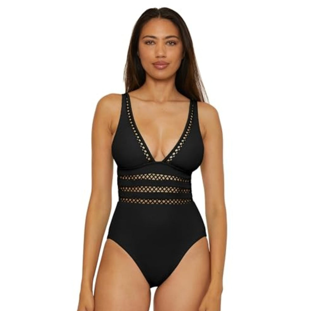 BECCA Women's Toni Plunge One Piece Swimsuit Medium Black Modern Edge Rib NWT