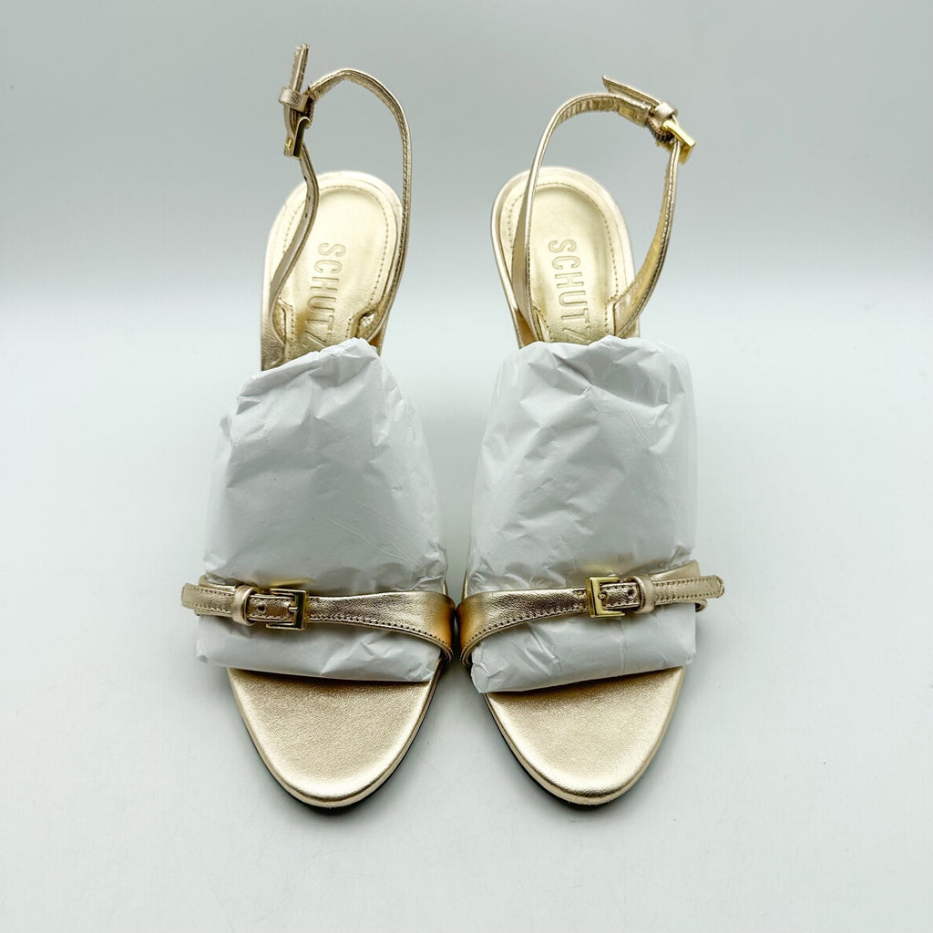 SCHUTZ Womens Aurora Sling Heeled Sandals Size 7.5 Platina Gold Stiletto NWOB