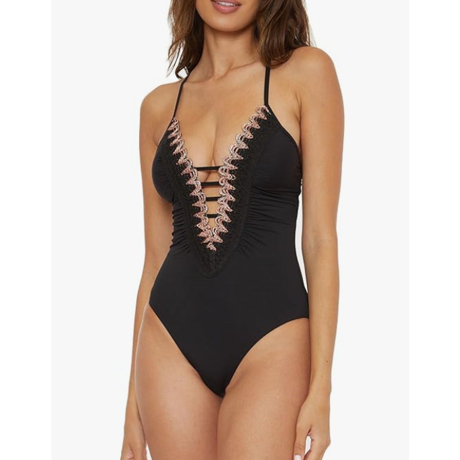 BECCA Women's Layla Plunge One-Piece Swimsuit Medium Black Open Back NWT
