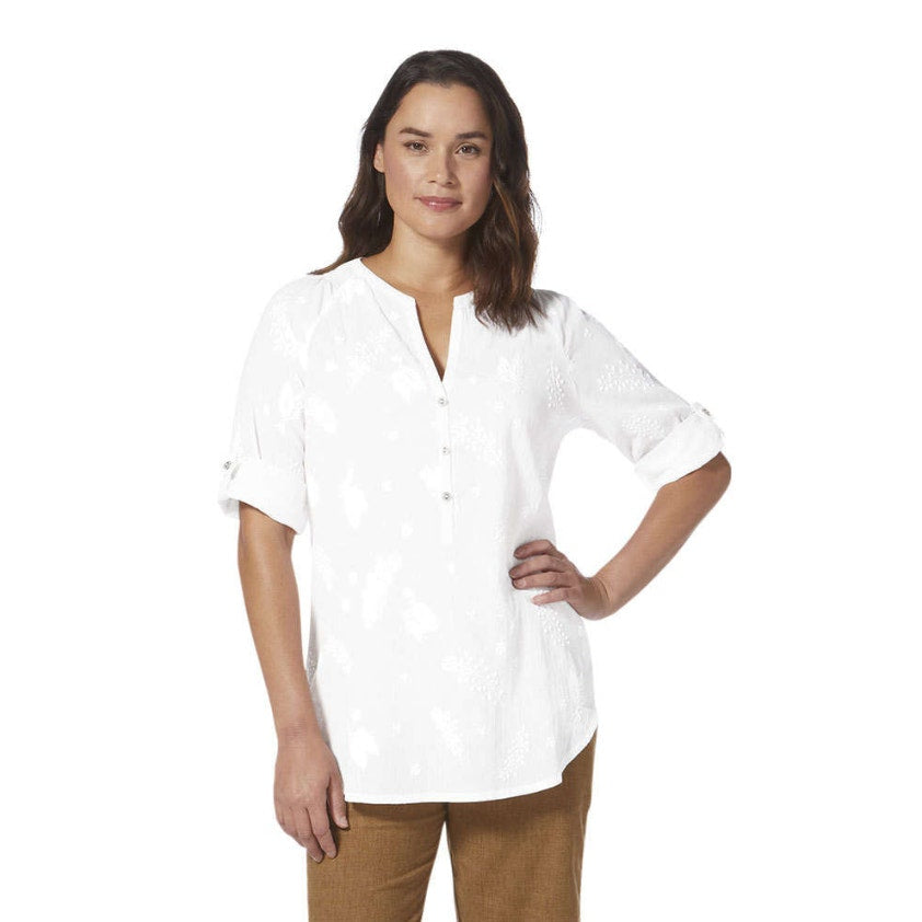 ROYAL ROBBINS Women's Oasis Tunic II Top Small White Embroidered 3/4 Sleeve NWT