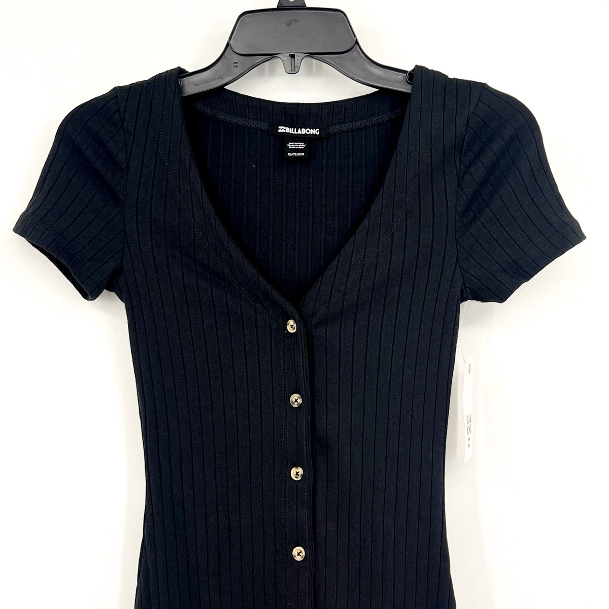 BILLABONG Juniors On With It Mini Button Dress XS Black Short Sleeve NWT