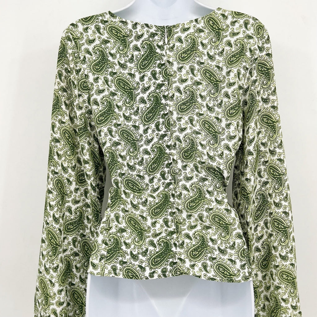 FAITHFULL THE BRAND Women's Bell Sleeve Top Size 10 Green Paisley NWOT
