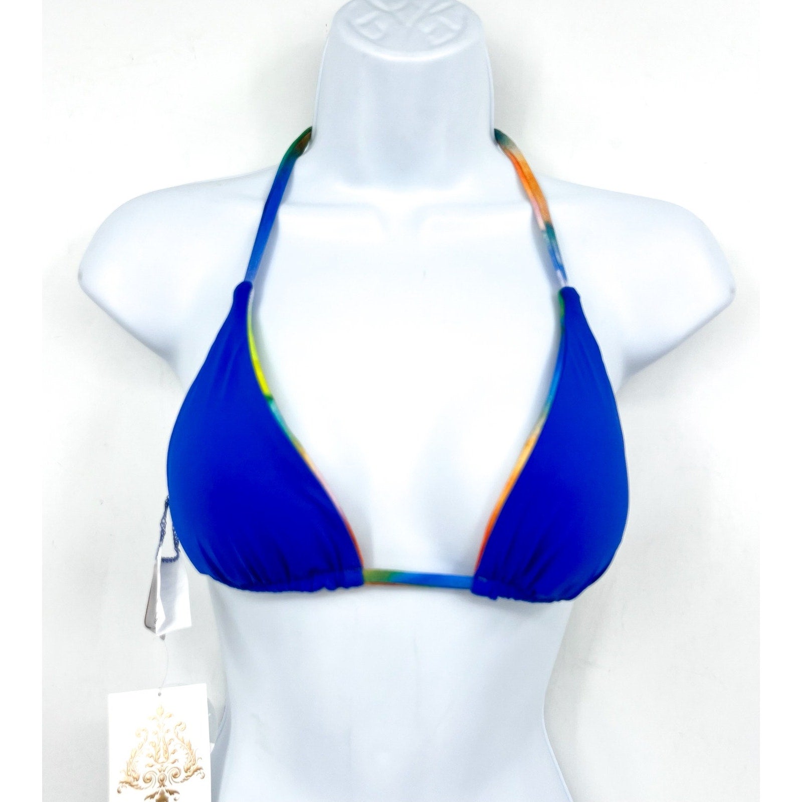 BECCA Paper Mache Cheryl Reversible Triangle Bikini Top Small Rainbow Blue NWT