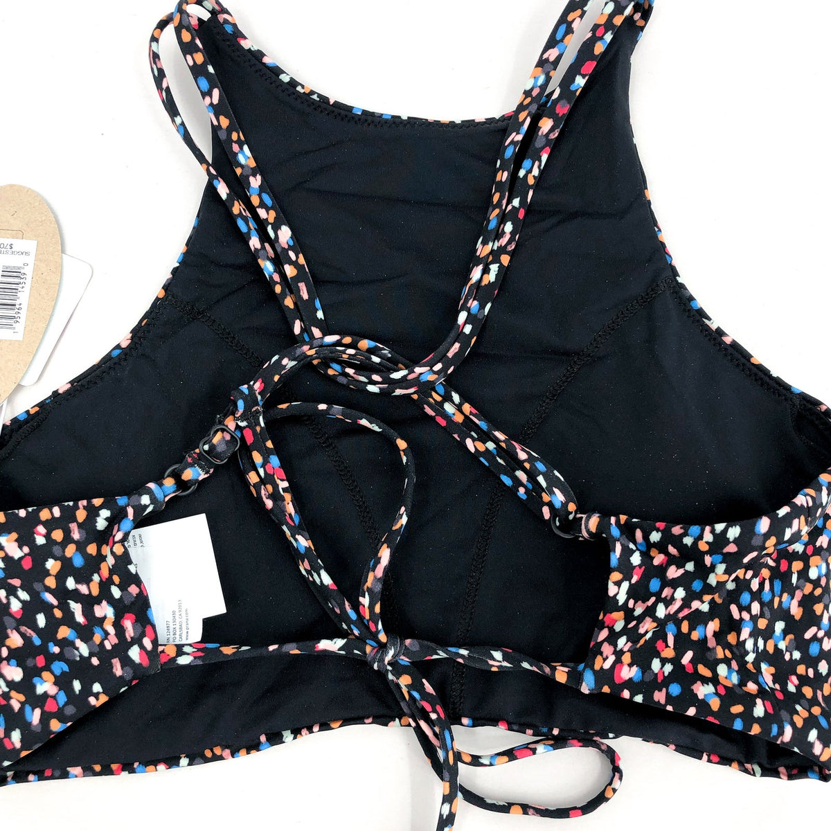 PRANA Women's Onyx Bay Bikini Top Medium Black Alotta Dots High Neck NWT