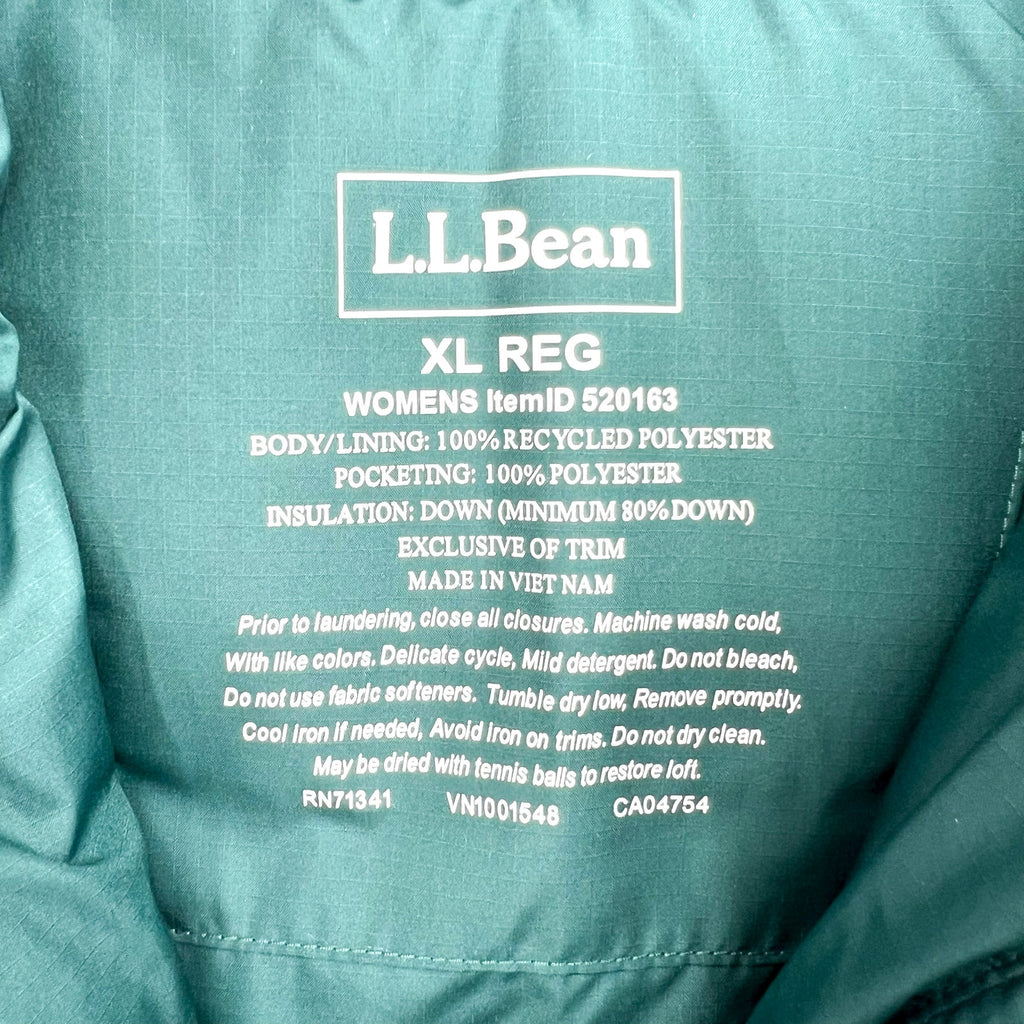 L.L. BEAN Womens Popham Puffer Jacket XL Green Dark Pine Hooded 650 Fill NWT