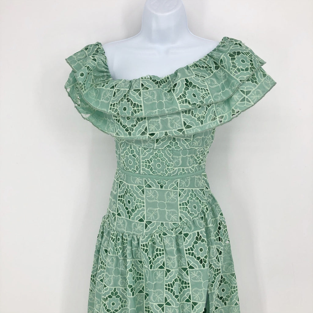 ASOS DESIGN One Shoulder Midi Dress Small Sage Green Patched Lace Ruffle NWOT