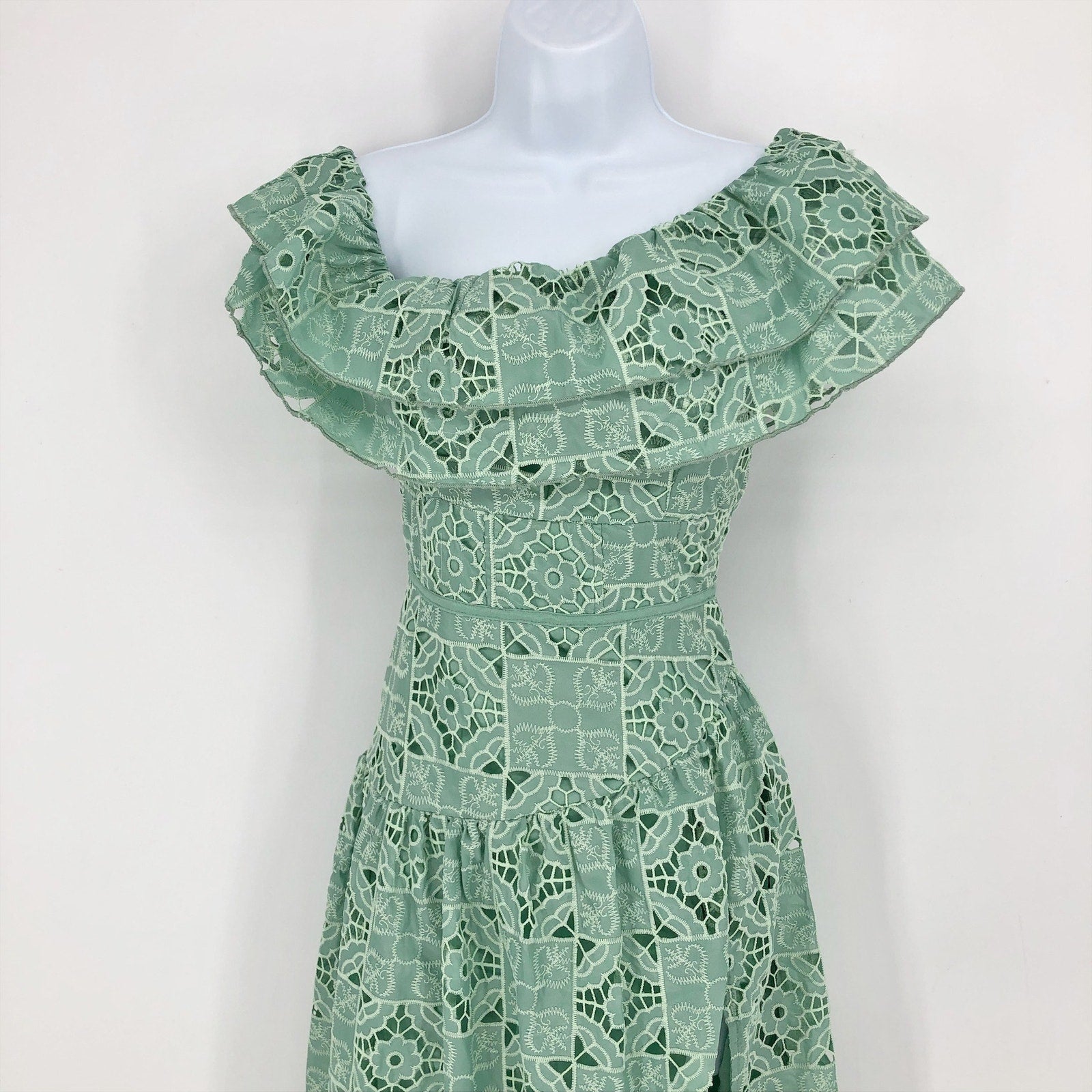ASOS DESIGN One Shoulder Midi Dress Small Sage Green Patched Lace Ruffle NWOT