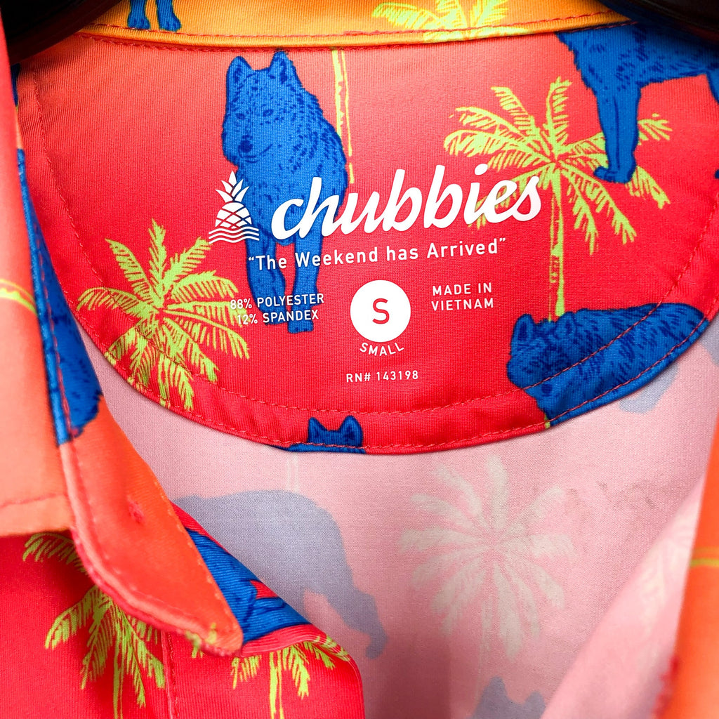 CHUBBIES Mens Howler Moon Performance Polo Shirt 2.0 Small Pink Yellow Multi NWT