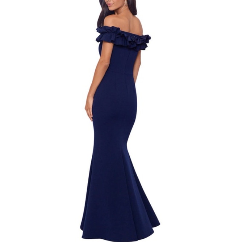 XSCAPE Women's Crepe Ruffled Gown Size 6 Navy Blue Off The Shoulder NWT