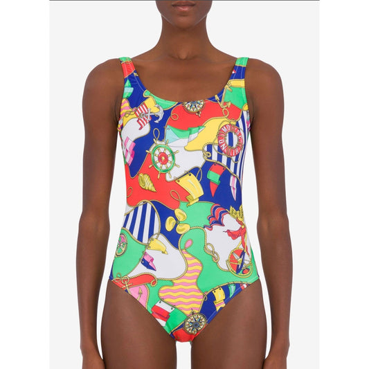 MOSCHINO Women's Allover Nautical Print One Piece Swimsuit Size 6 Red Blue NWOT