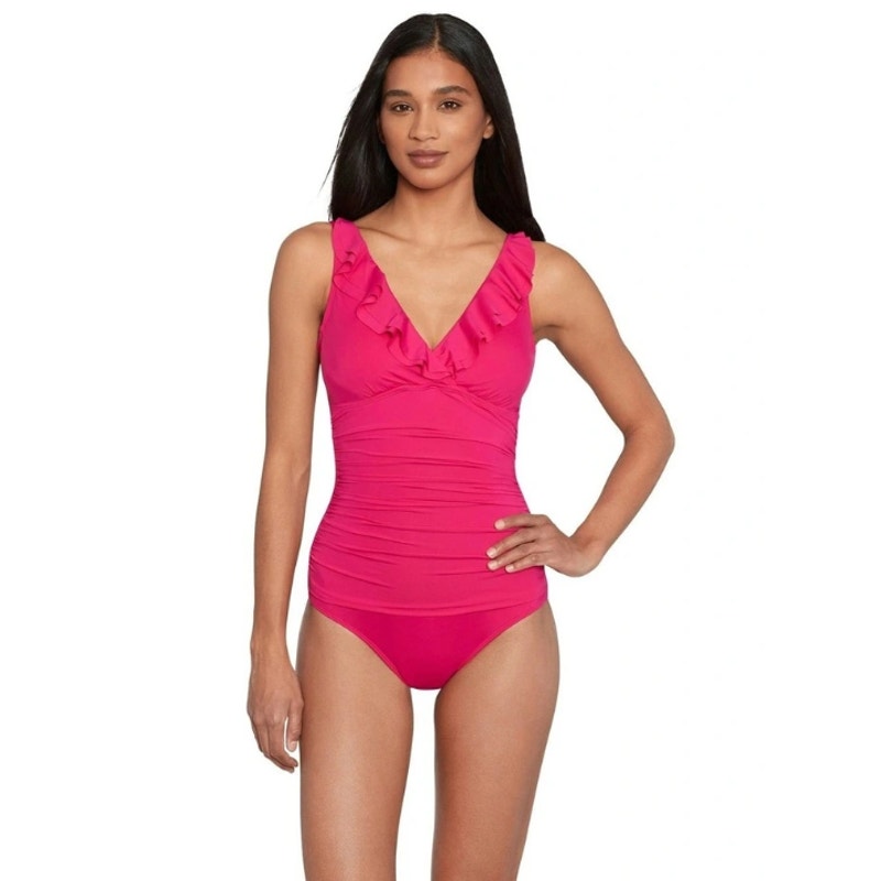 LAUREN RALPH LAUREN Ruffle One Piece Swimsuit Size 4 Orchid Pink Beach Club NWT