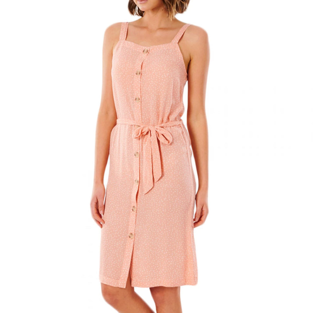 RIP CURL Women's Tallows Spot Midi Dress Large Coral Pink Sleeveless Belt NWT