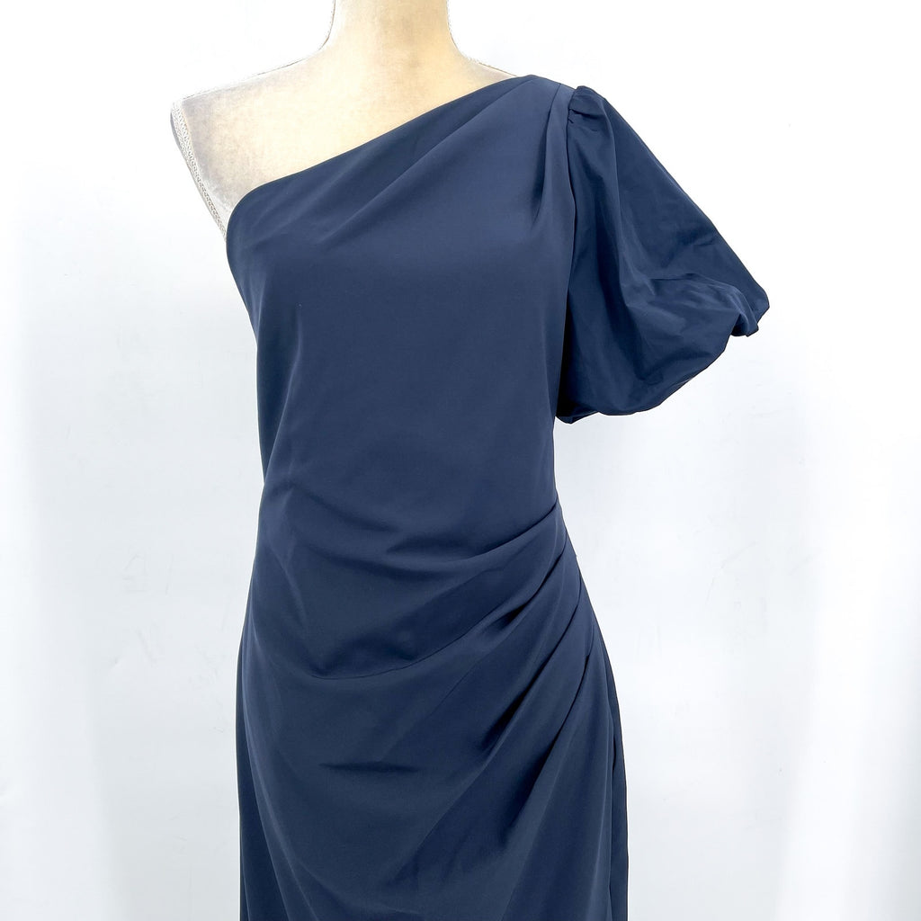 LAUREN RALPH LAUREN One-Shoulder Crepe Cocktail Dress Size 12 Navy Blue Midi NWT