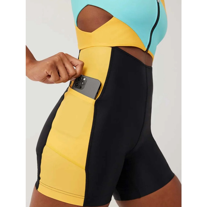 OUTDOOR VOICES Women SplashKnit 6" Bodysuit XS Colorblock Black Teal Yellow NWT