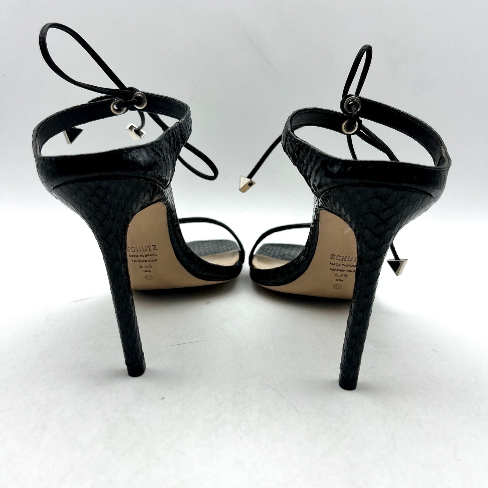 SCHUTZ Womens Mavis Heel Sandals Size 5.5 B Black Snake Shine Leather NIB