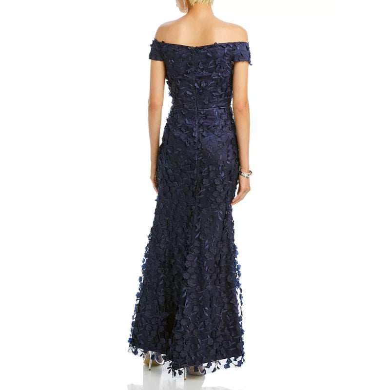 ELIZA J Women's Off The Shoulder 3D Floral Gown Size 10 Navy Blue Tie Dress NWOT