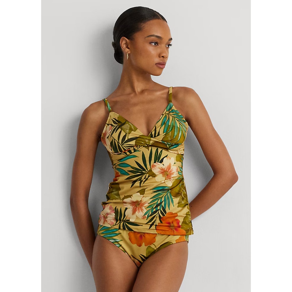 LAUREN RALPH LAUREN Tankini Top & Bottom Set Size 10 Gold Tropical-Print NWOT