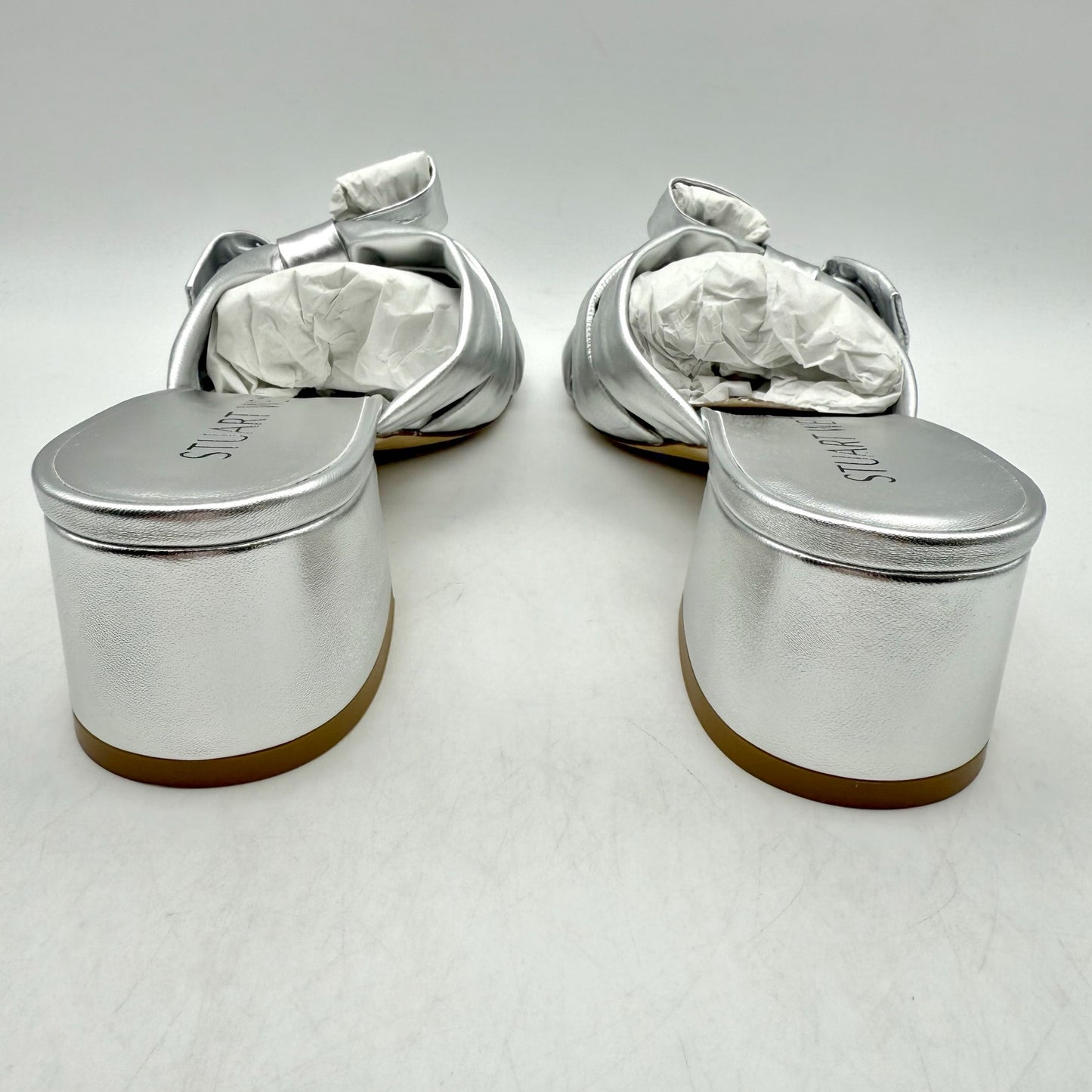 Stuart Weitzman Womens Sofia 45 Slide High Heels Size 6 Silver Leather Bow NIB