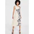 DKNY Women's Floral Cocktail Midi Dress Size 4 Elegant Beige Cowlneck NWT