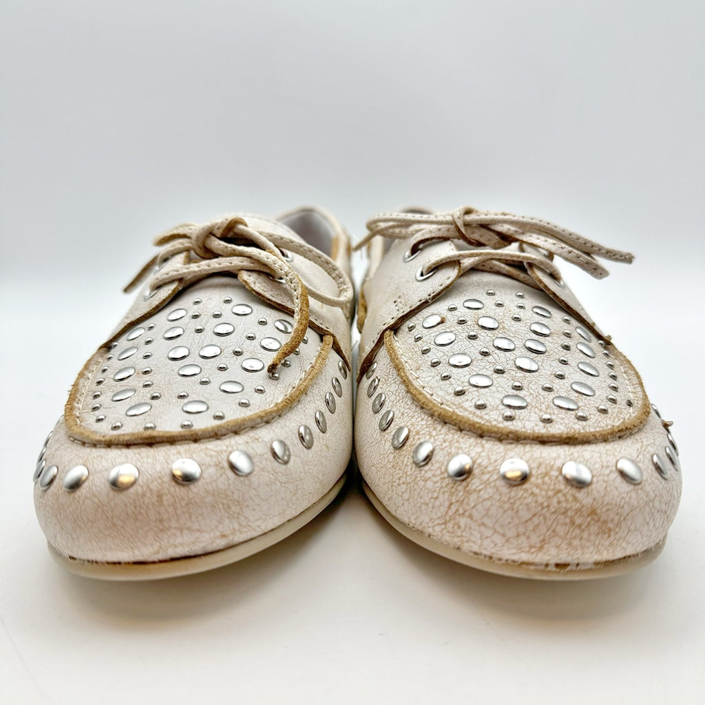 Lucky Brand Womens Timini Studded Loafers Size 8 Distressed White Leather NIB