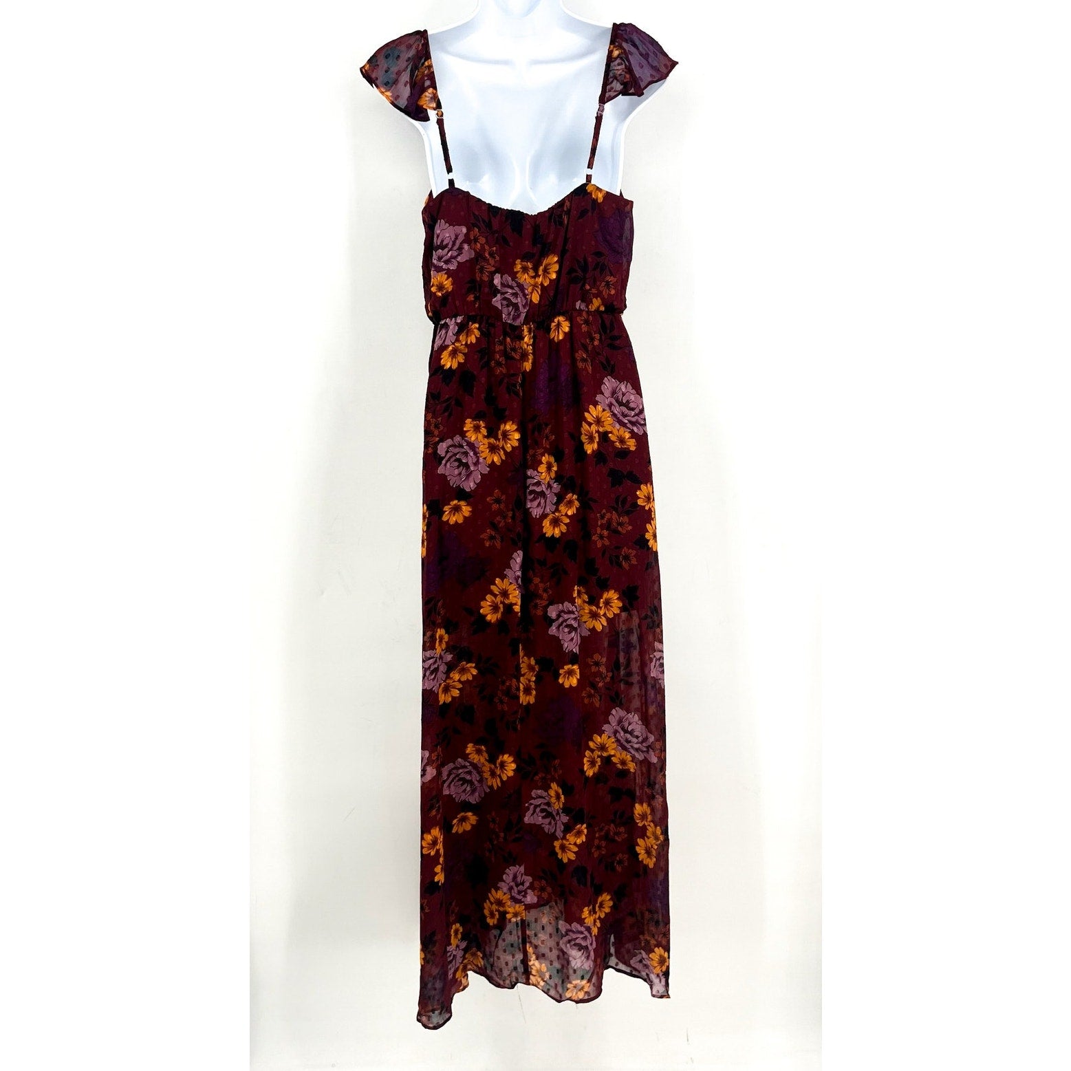 THE GENERAL GOOD Womens Floral Maxi Dress Small Dark Red Cap Sleeve NWOT