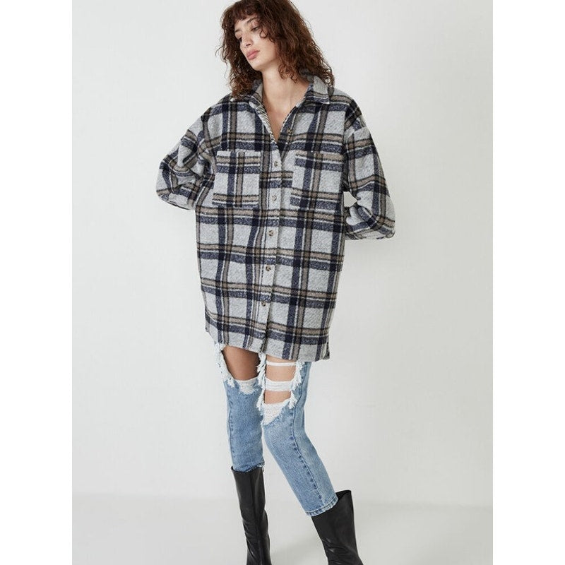 BARDOT Women Checked Flannel Shirt Jacket Small Blue Check NWT
