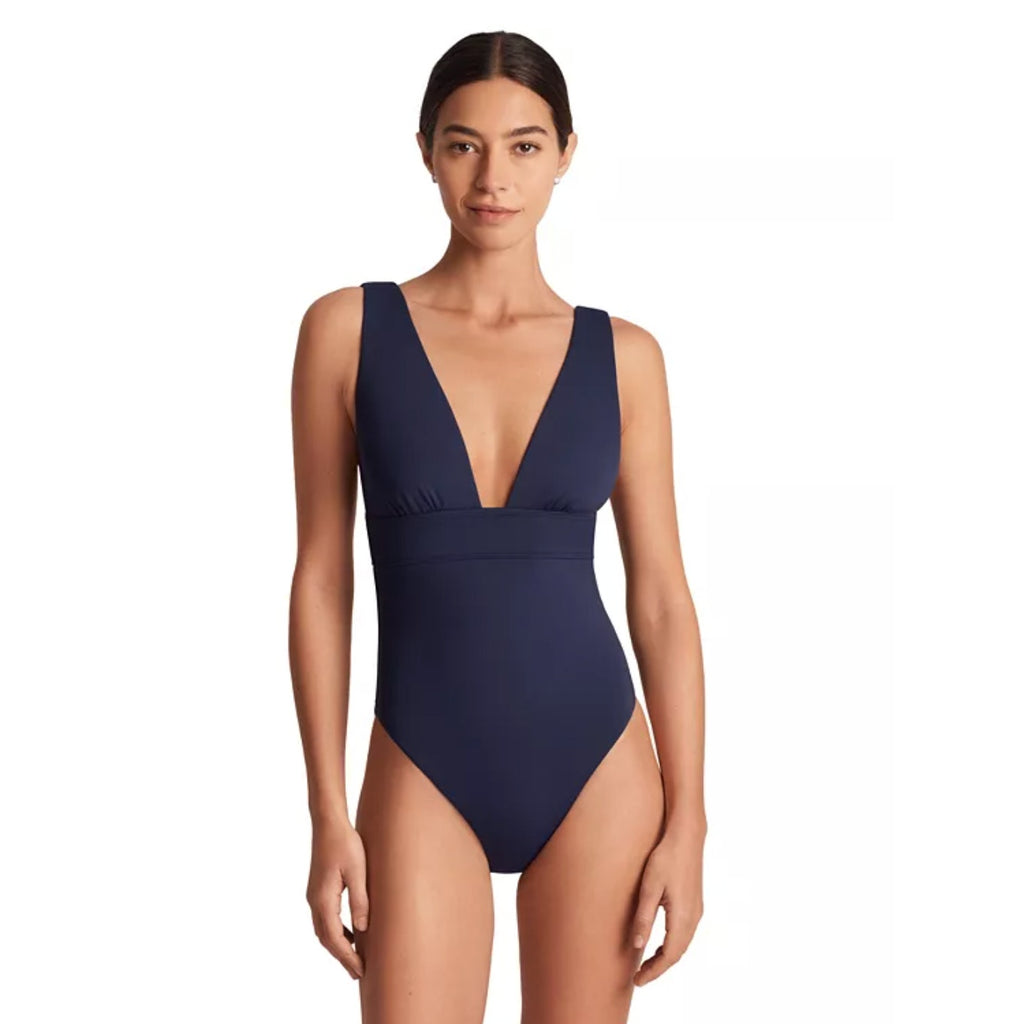 Lauren Ralph Lauren Sculpting One-Piece Swimsuit Size 4 Navy Blue V-Neck NWT