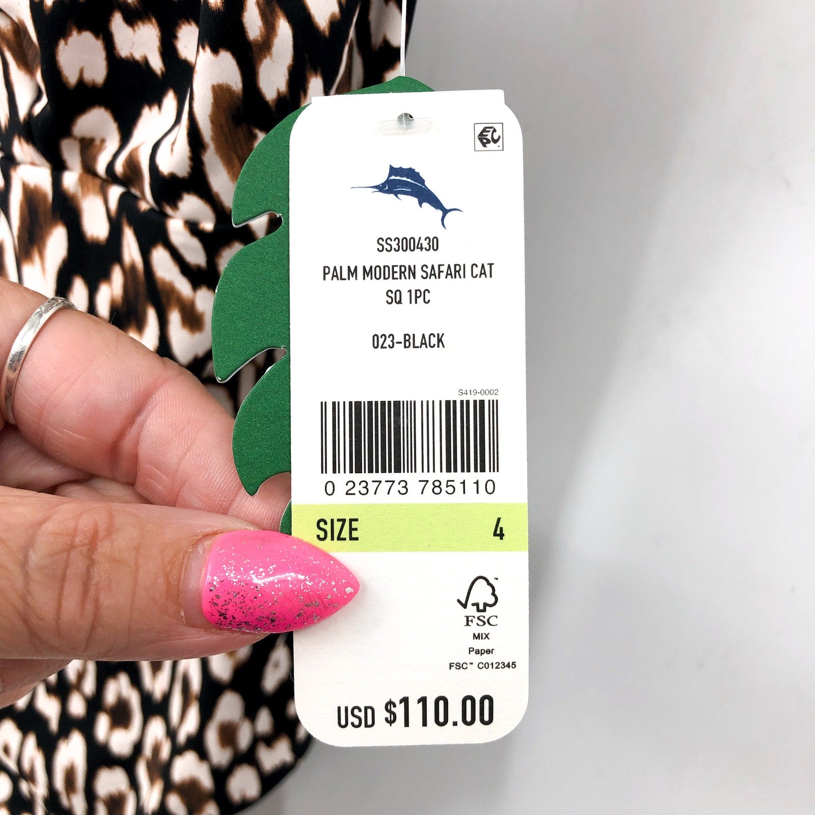 TOMMY BAHAMA Palm Modern Safari Cat One-Piece Swimsuit Size 4 Black Tan NWT