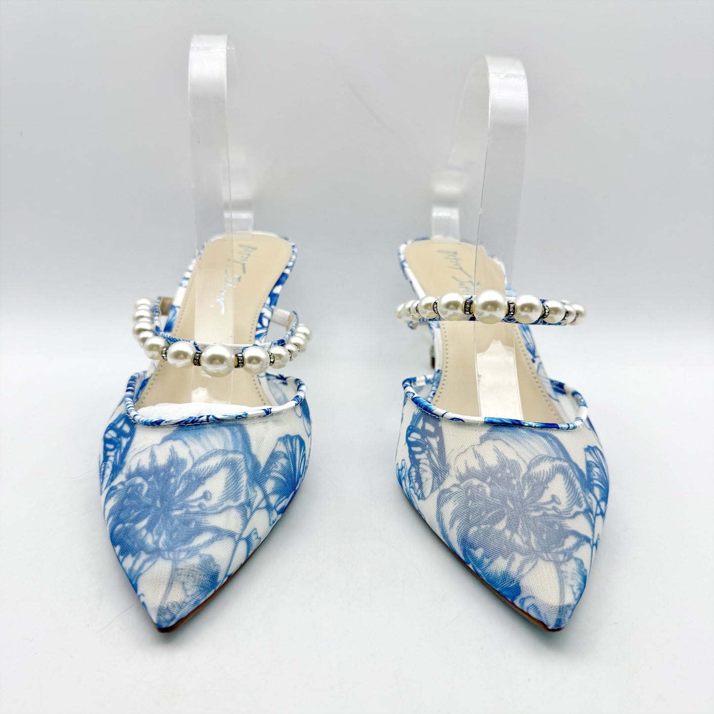 Betsey Johnson Womens Zane Mule Heels US 10 Blue Off White Mesh Fabric NIB