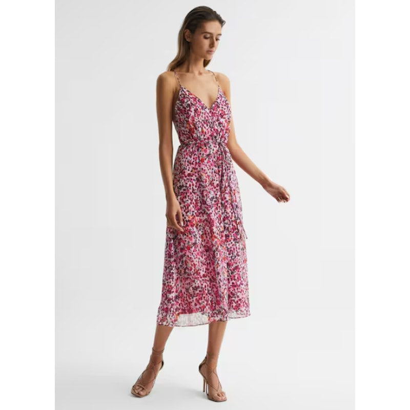 REISS Women's Pippa Floral Printed Midi Dress Size 12 Pink Sleeveless NWT