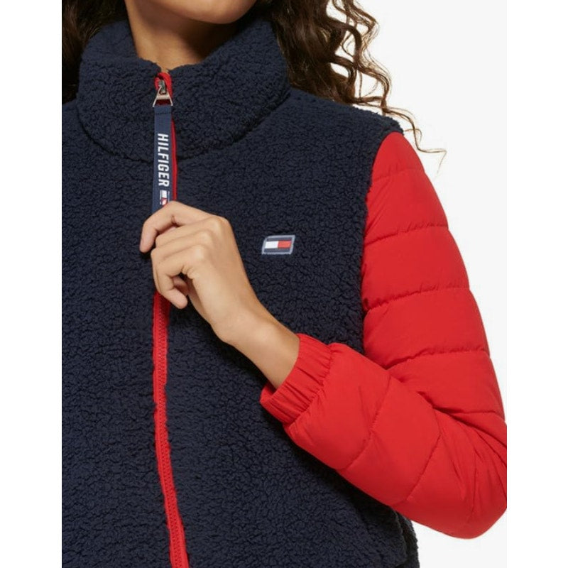 Tommy Hilfiger Sport Womens Sherpa Winter Coat Small Navy Blue Red Full Zip NWT