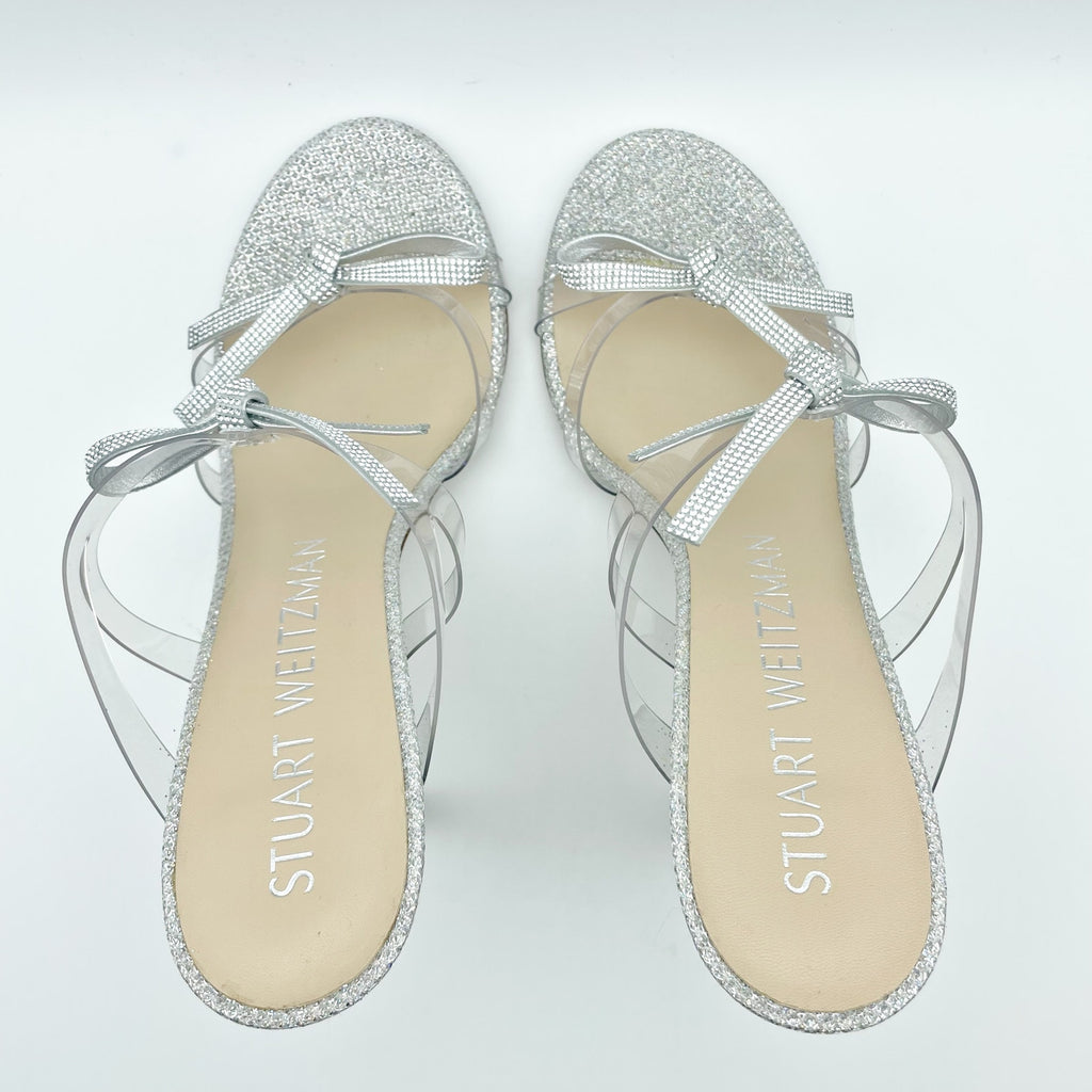 Stuart Weitzman Womens Bow 100 Slide Heel Sandals US 8 M EU 38.5 Silver NWOB