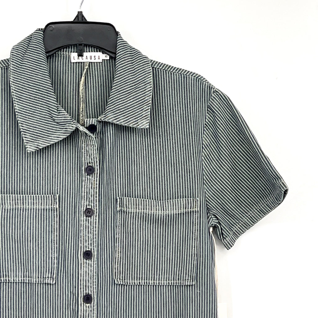 LACAUSA Womens Railroad Lucky Jumpsuit Small Blue Sea Salt Stripe NWT