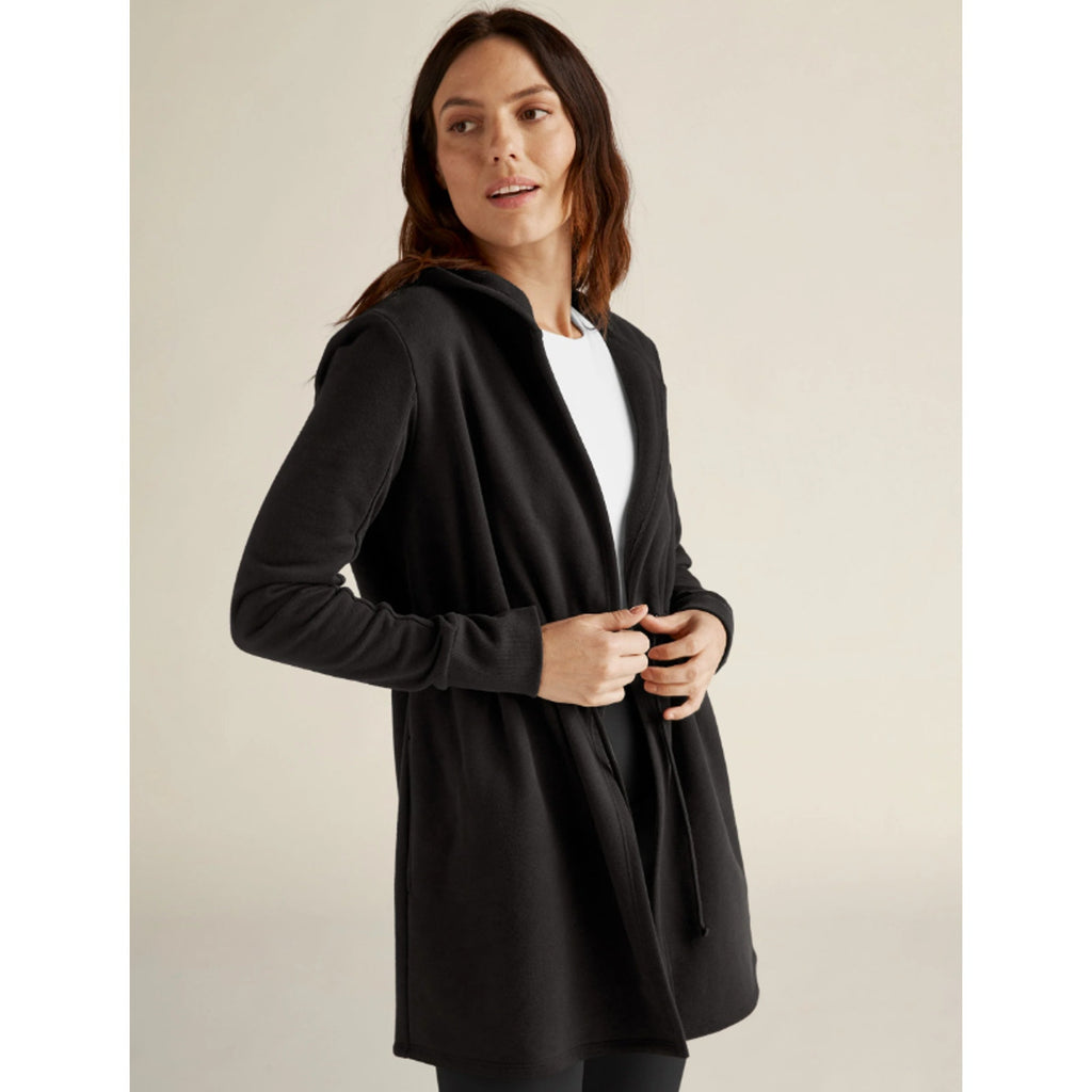 Beyond Yoga Womens Luxe Fleece Hooded Jacket Medium Black Open Front NWT