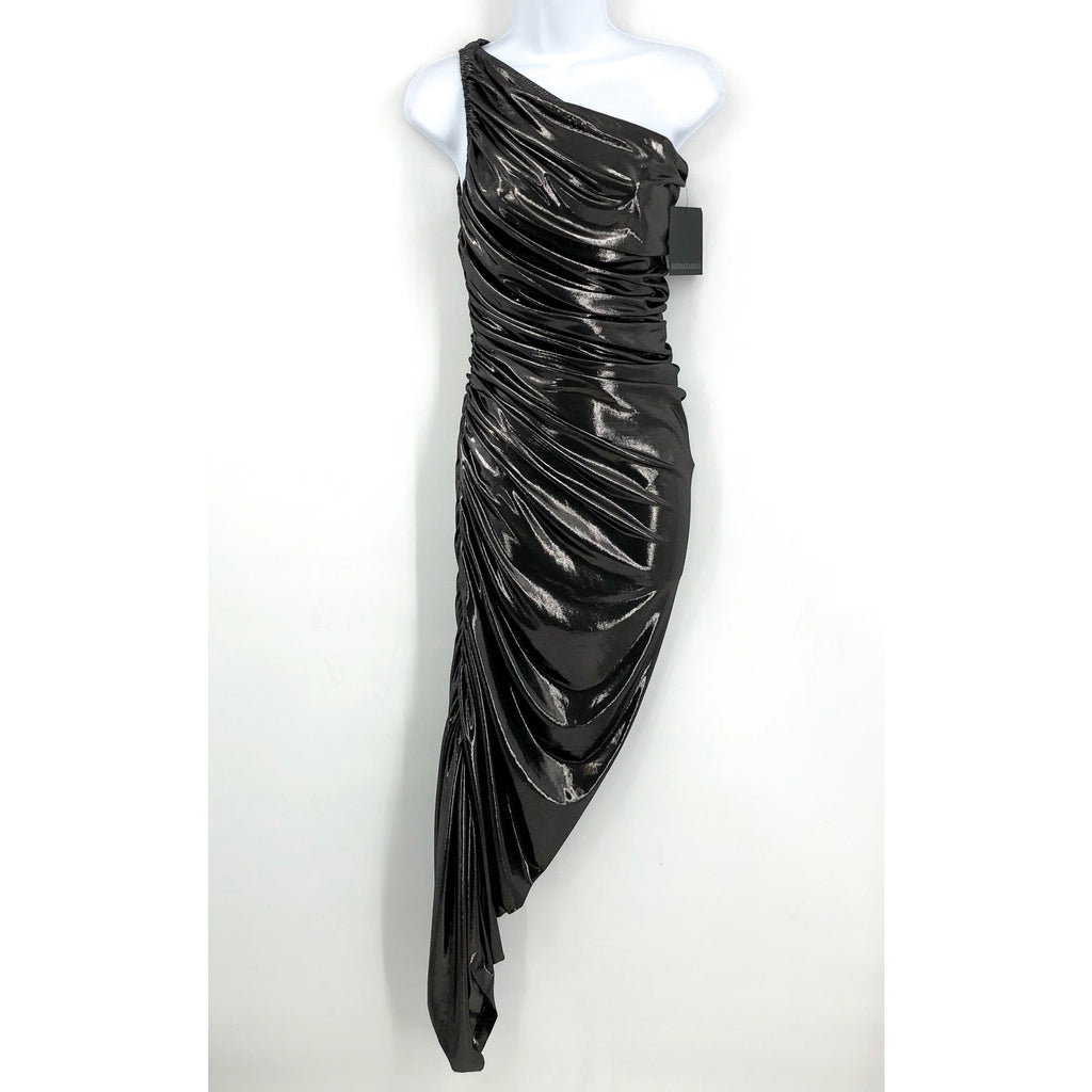 NORMA KAMALI Diana One Shoulder Gown XS Grey Metallic Ruched Midi NWT