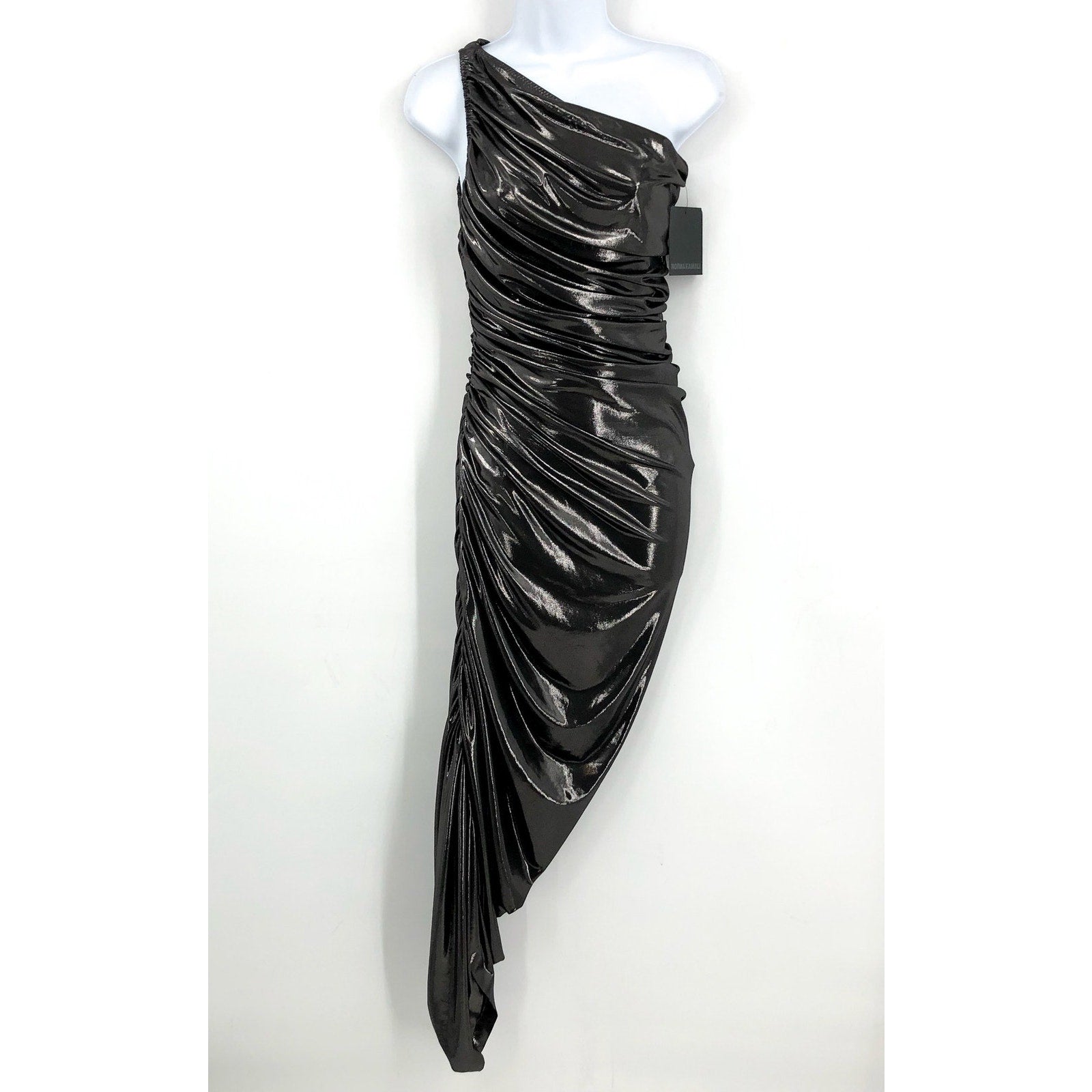 NORMA KAMALI Diana One Shoulder Gown XS Grey Metallic Ruched Midi NWT