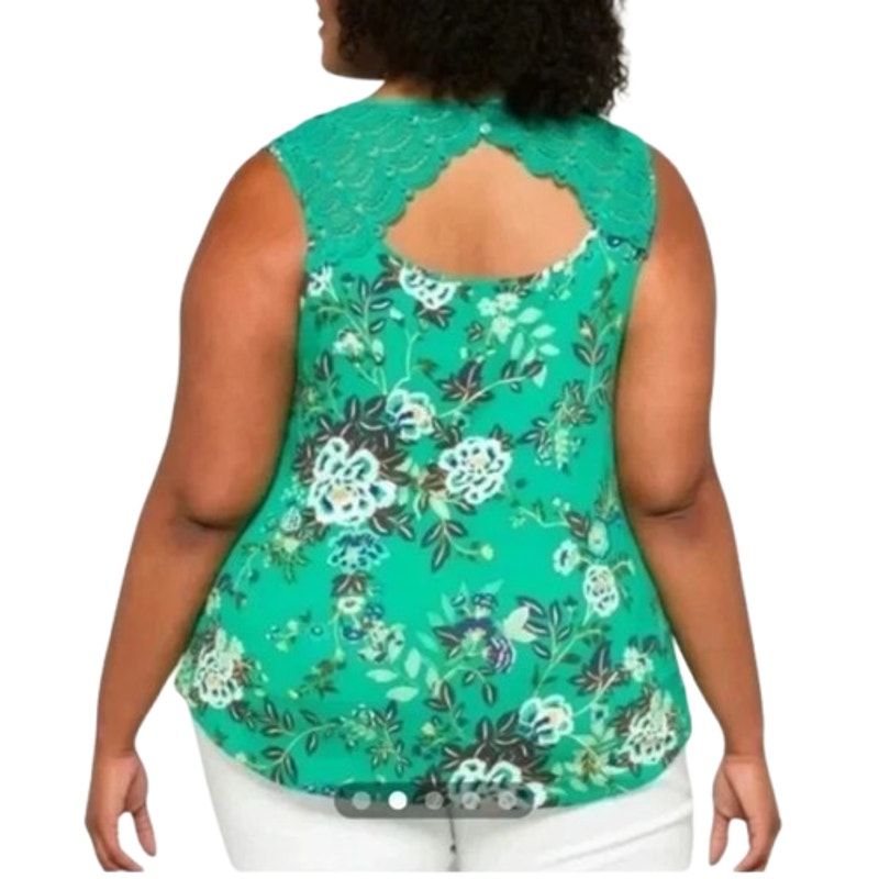 DANIEL RAINN Women's Sleeveless Crochet Lace Top 3X Tropical Green Floral NWT