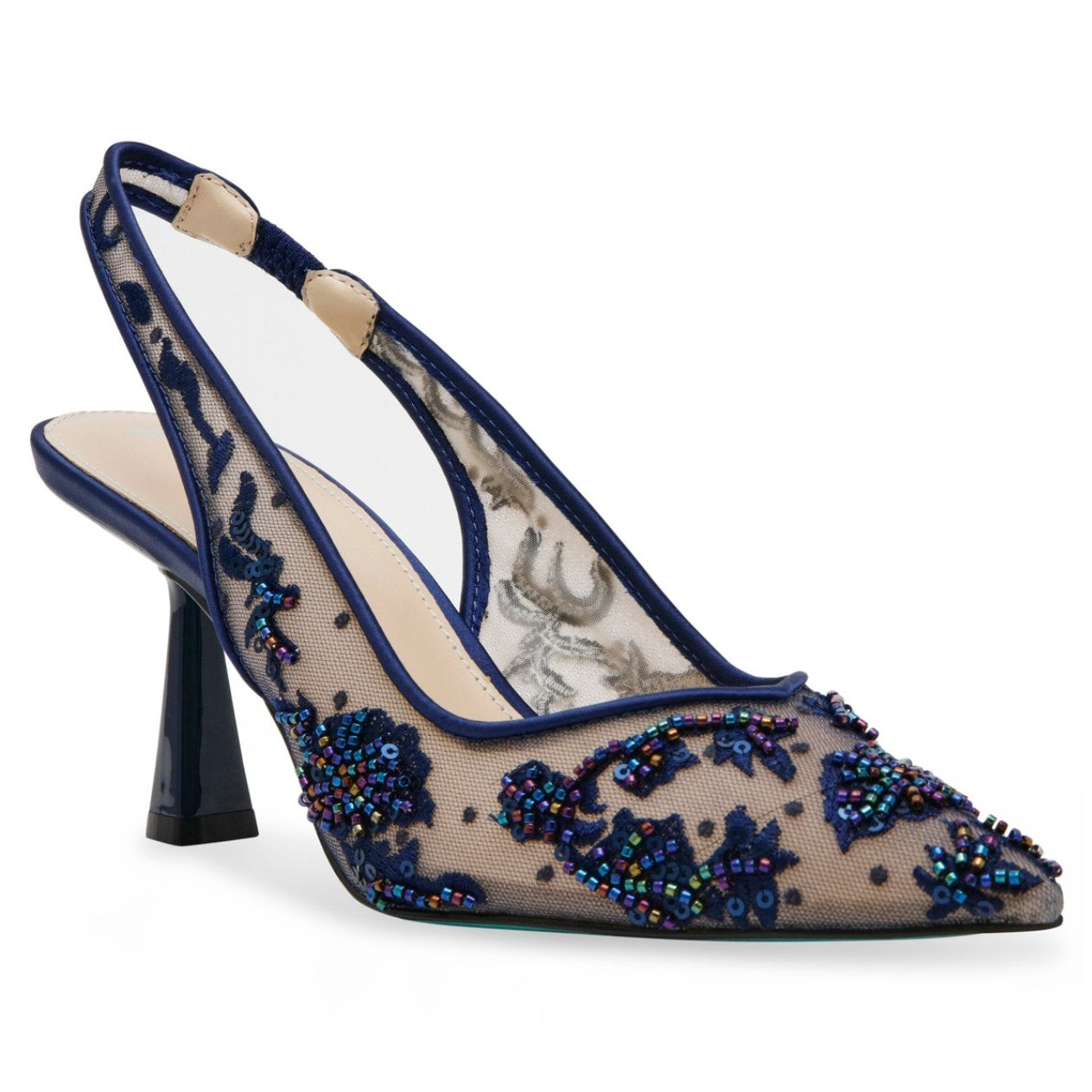 Blue Betsey Johnson Womens Nikki High Heels Size 7 Navy Blue Lace Sling Back NIB