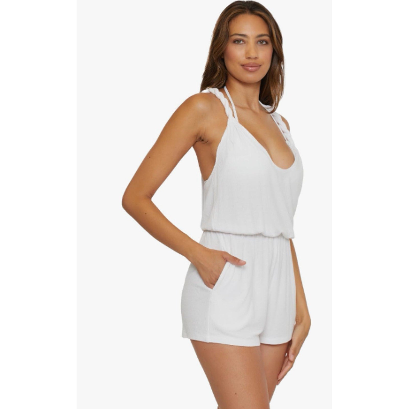 BECCA Women's Mykonos Pull On Romper Beach Cover Ups Medium White Stretch NWT