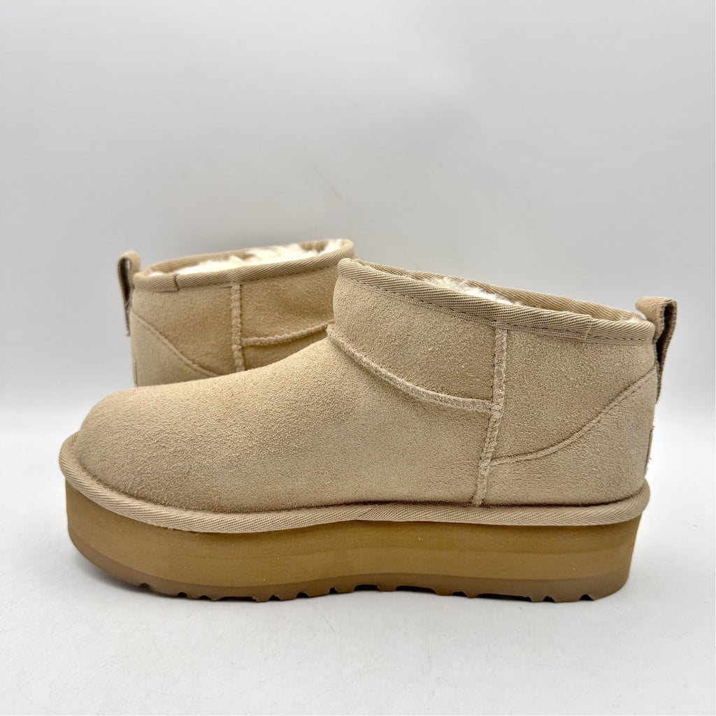 UGG Women Classic Ultra Mini Platform Boot US 5 Sand Suede Fur Plush Lining NWOB