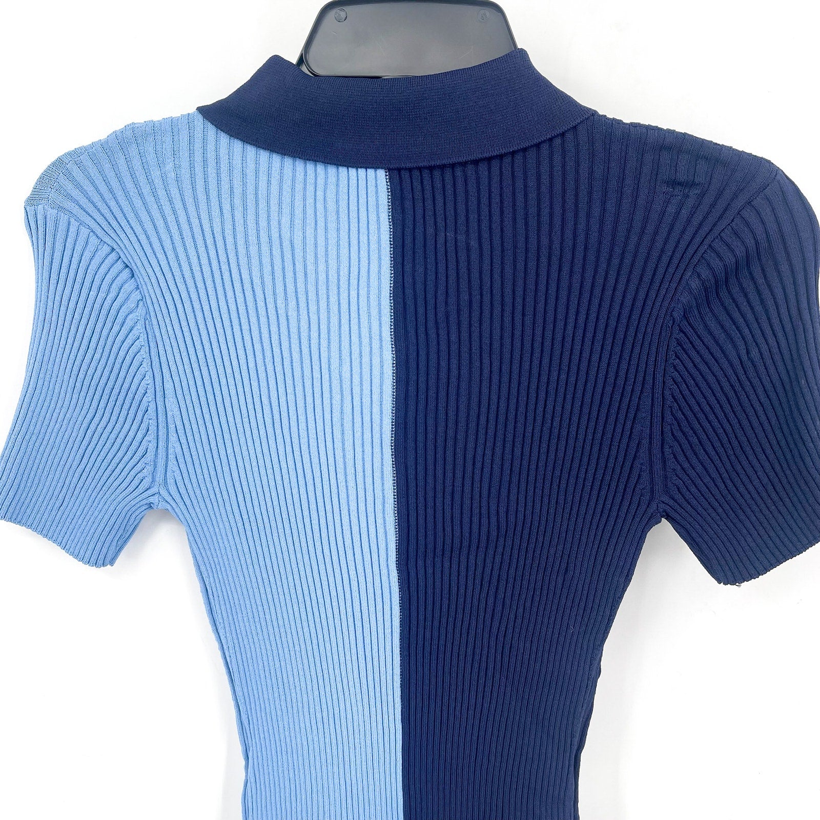 STAUD Women's Brice Bicolor Polo Shirt Medium Blue Colorblock Ribbed Knit NWOT