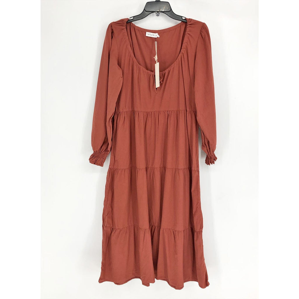 LACAUSA Women's Tate Tiered Midi Dress Medium Rustic Orange Long Sleeve NWT