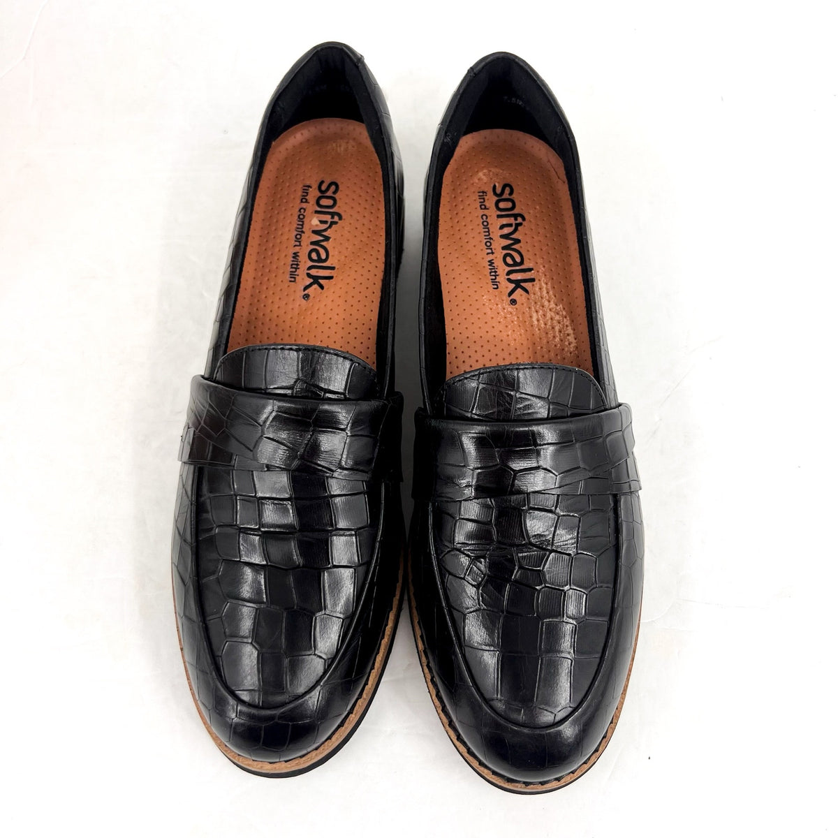 SOFTWALK Women's Walsh Slip On Loafers Size 7.5 NARROW Black Croco Leather NIB