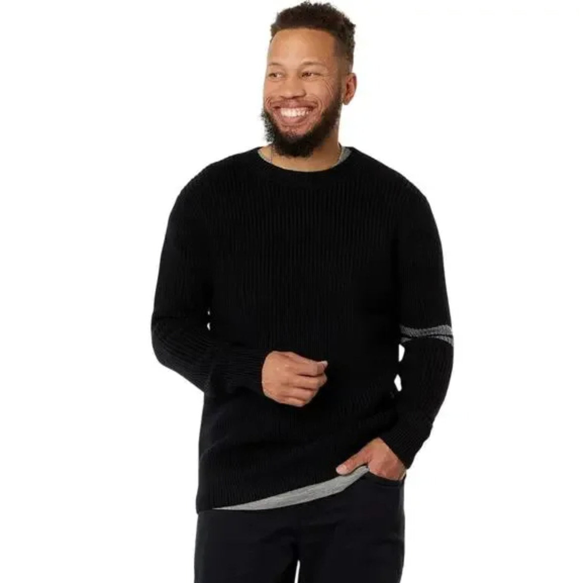 LABEL Mens Go-To Sweater Small Black Grey Merino Wool Knit Crewneck Pullover NWT