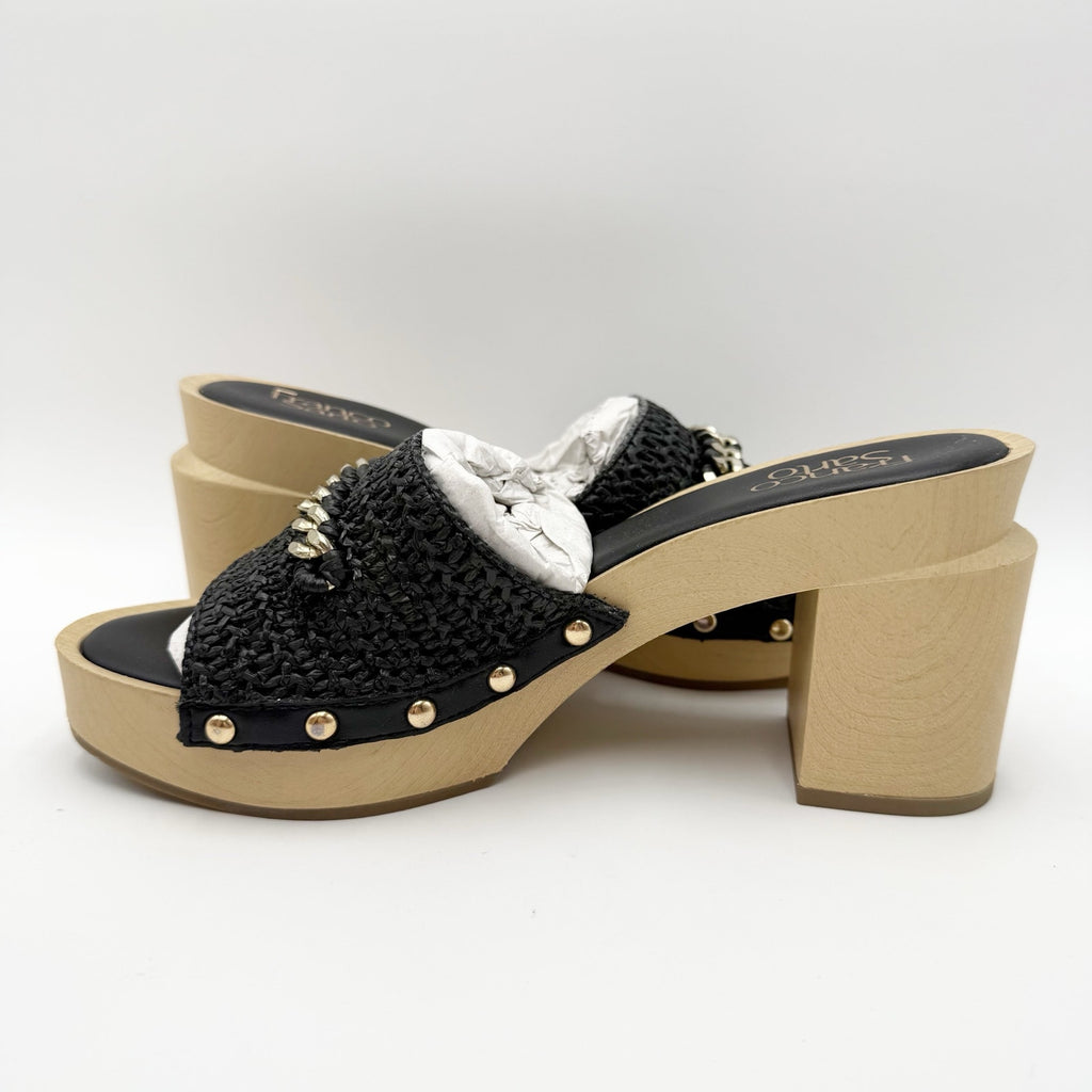 Franco Sarto Womens Capri Dressy Heeled Sandals Size 8 M Black Natural Wood NIB